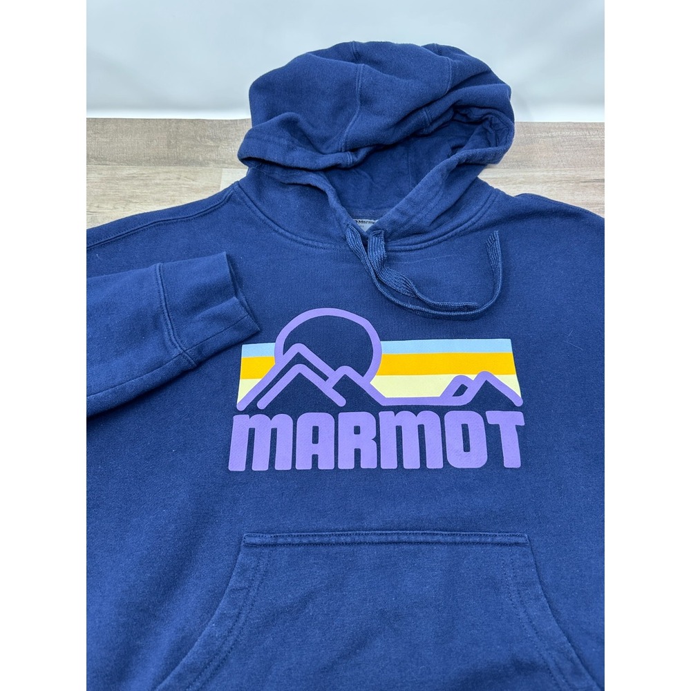 MARMOT Graphic Print Pullover Navy Hooded Sweatshirt Hoodie Women's Size Medium